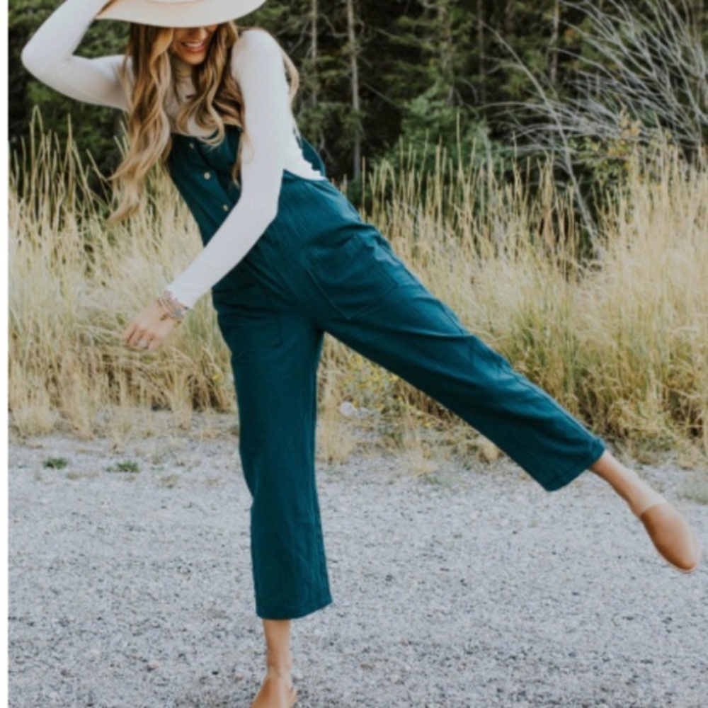 Teal Linen Overalls with Tie Straps and Buttons